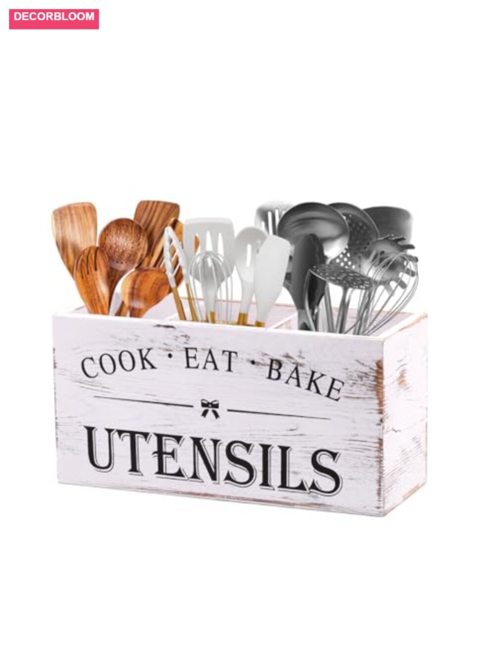 Extra Large Pine Wood Utensil Holder 3 Compartment Kitchen Organizer